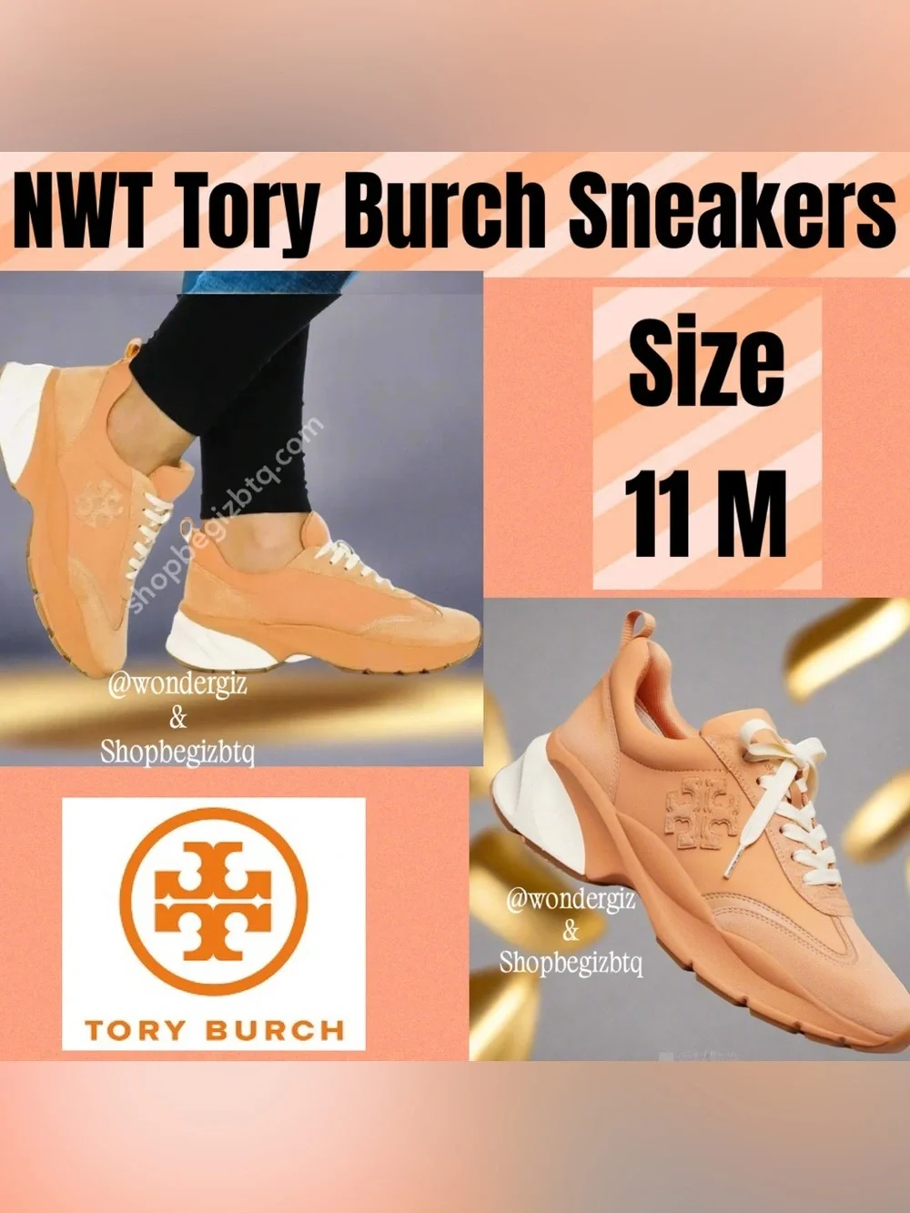 NWT Authentic Tory Burch T Monogram Good Luck Sneakers Size 11 M Peach Parfait